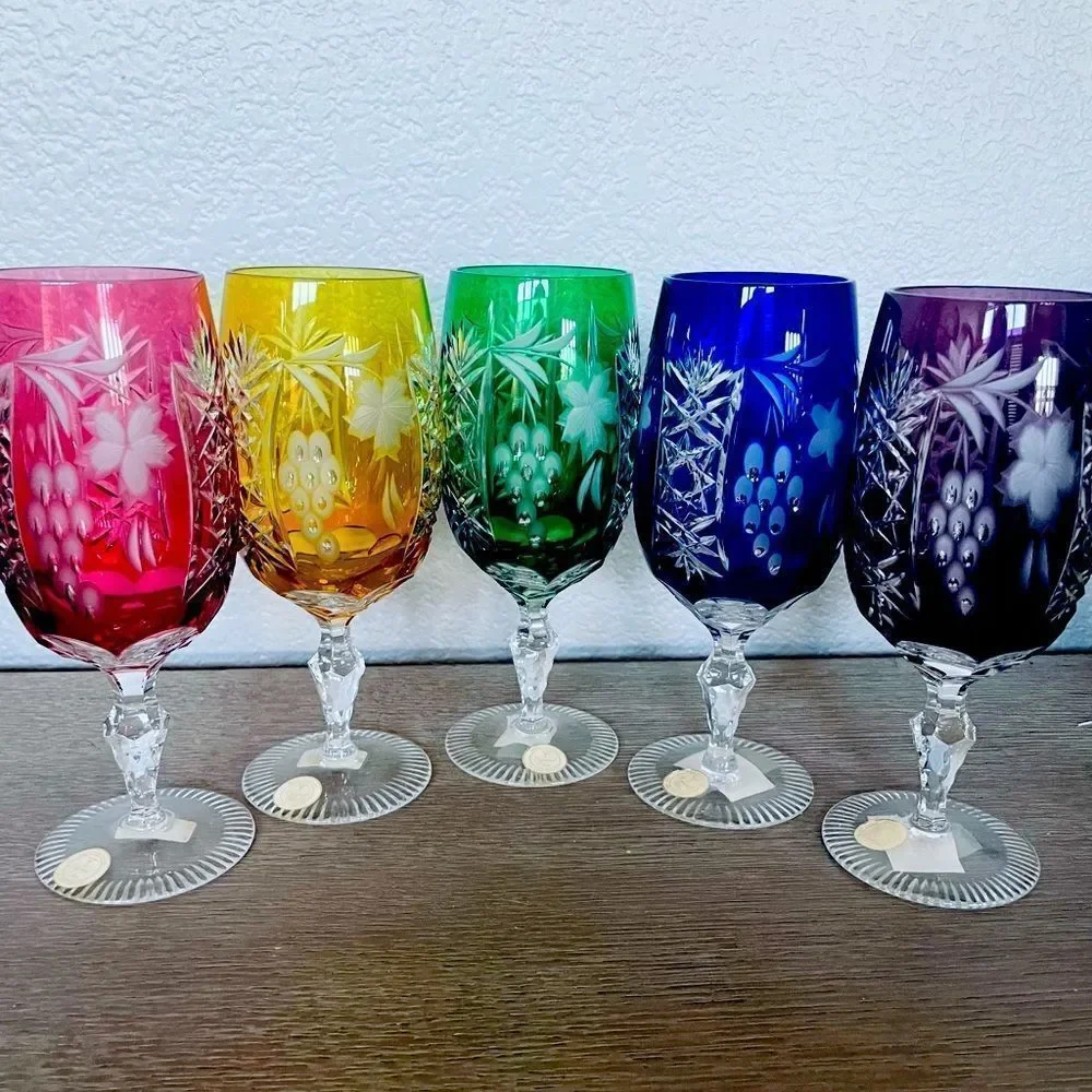 Hungarian Crystal Multicolor Wine Glasses Goblets Set